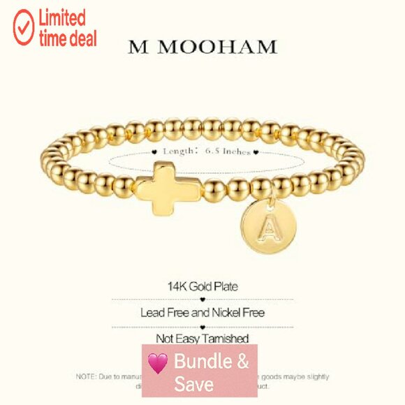 Gold Cross Initial Bracelet Dainty Stretch 6.5in Religious Jewelry Gift - Picture 7 of 8